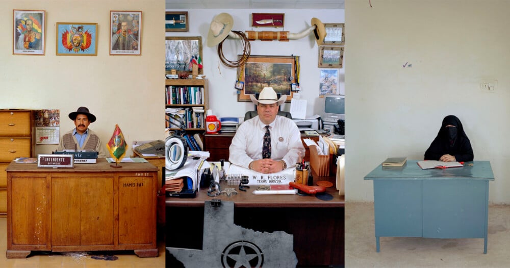 A triptych showing three people sitting at desks: a man in a hat in a Bolivian office, a Texas Ranger in his office, and a woman in a niqab at a simple desk.