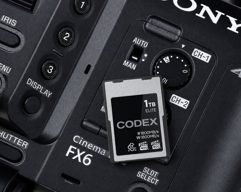 A 1TB Codex CFexpress Type A memory card rests on the side panel of a Sony Cinema FX6 camera.