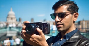A man wearing sunglasses and a leather jacket holds a smartphone attached to a large camera lens, with a domed building blurred in the background.