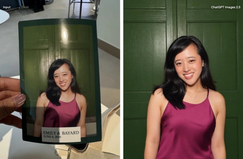A hand holds a printed photograph of a woman in a magenta top against a green door, next to a digital version of the same image.