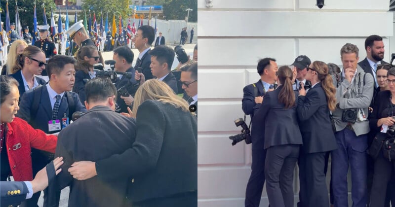 Two split-screen images show groups of people in professional attire and press credentials interacting outdoors near a white building.