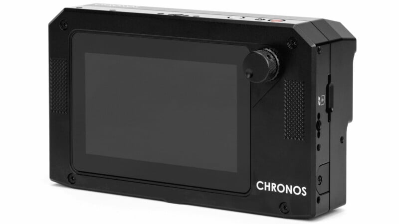 A black, rectangular high-speed camera with a large rear touchscreen display, a circular dial, and the word "CHRONOS" printed in white on the bottom right corner.