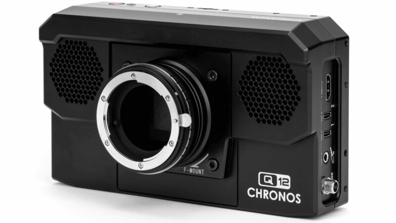 A black Chronos Q12 high-speed camera with an F-mount lens interface, dual cooling vents, and side-mounted ports on a white background.