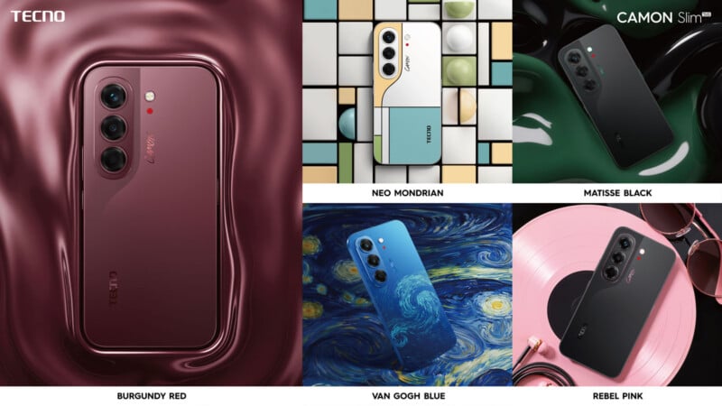 A collage showing five different color and design variations of the Tecno Camon smartphone, labeled Burgundy Red, Neo Mondrian, Matisse Black, Van Gogh Blue, and Rebel Pink.
