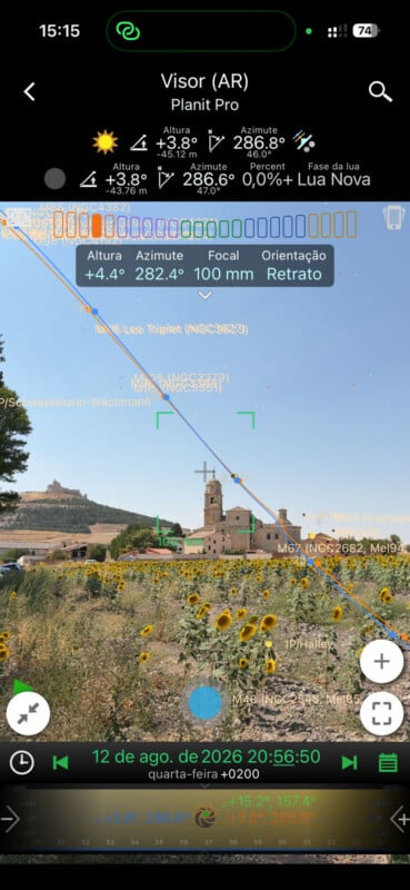 A smartphone screen displays an augmented reality astronomy app showing the sun's path over a landscape with a church and sunflowers.