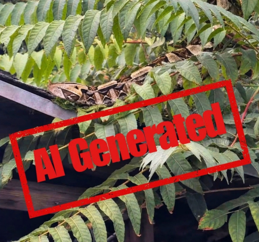 A Gaboon viper rests on a wooden structure partially obscured by green leaves, with a red "AI Generated" stamp overlaid on the image.