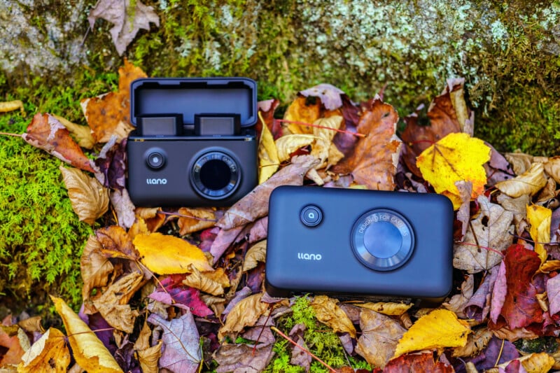 Two black Llano camera battery chargers sit nestled among colorful autumn leaves on a mossy surface.