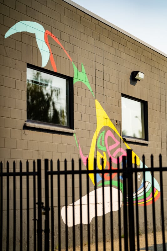 A colorful, abstract mural painted on a gray cinder block wall behind a black metal fence, featuring two windows.