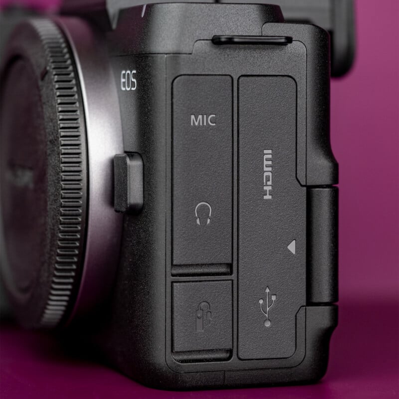 A close-up view of the side of a black camera body, showing rubber-covered ports labeled with icons for a microphone, headphones, remote shutter, HDMI, and USB.