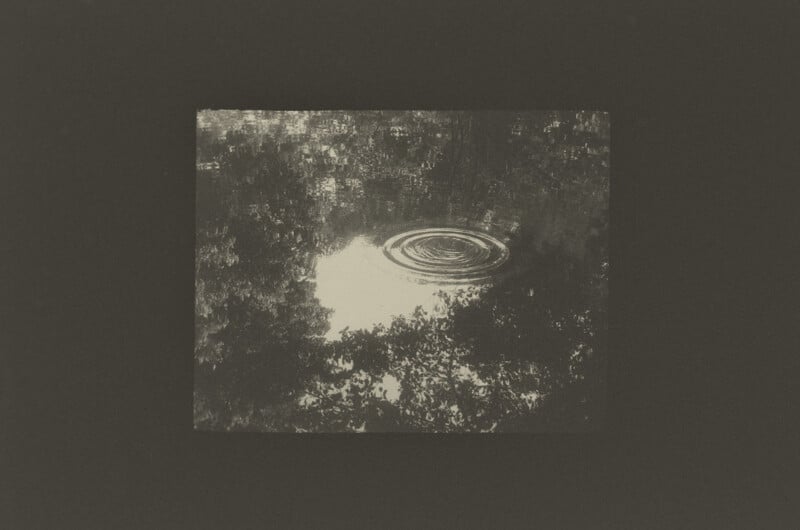 A high-contrast, monochromatic photograph shows a dark, wooded area surrounding a small pond with concentric ripples in the center.
