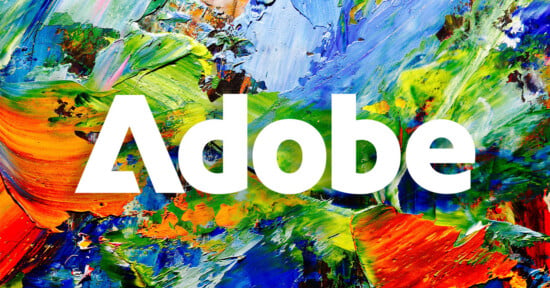 The word "Adobe" in bold white sans-serif font is centered over a vibrant, multi-colored abstract oil painting.