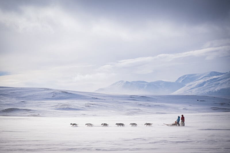 A dog sled team with two people travels across a vast, snow-covered landscape under a cloudy sky with distant mountains.