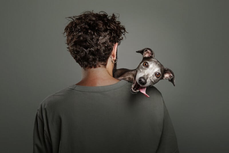 A person with curly dark hair seen from behind has a grey dog resting its head on their shoulder with its tongue hanging out.