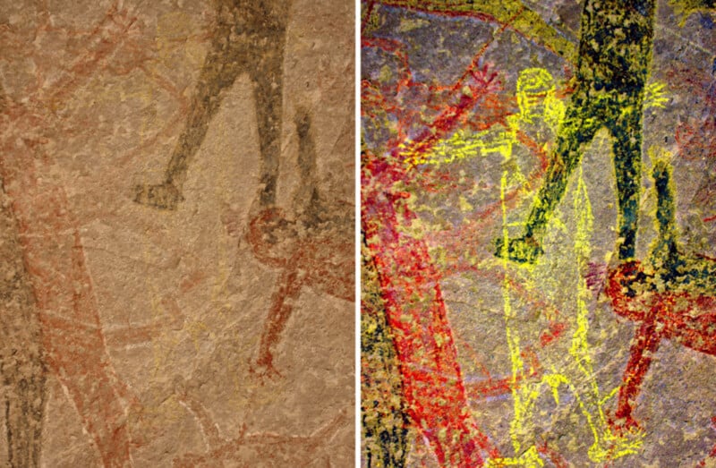 A split-screen comparison of a rock painting, with the left side showing the original faded pigments and the right side showing a digitally enhanced version with high-contrast yellow and red outlines.