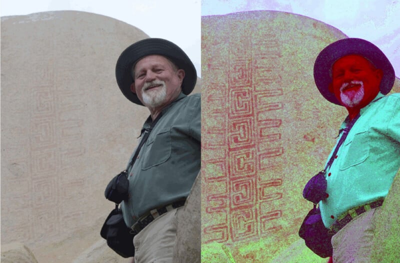 A split-screen view shows a man with a beard and hat standing in front of a rock face with petroglyphs, with the right side featuring a high-contrast, color-inverted filter.