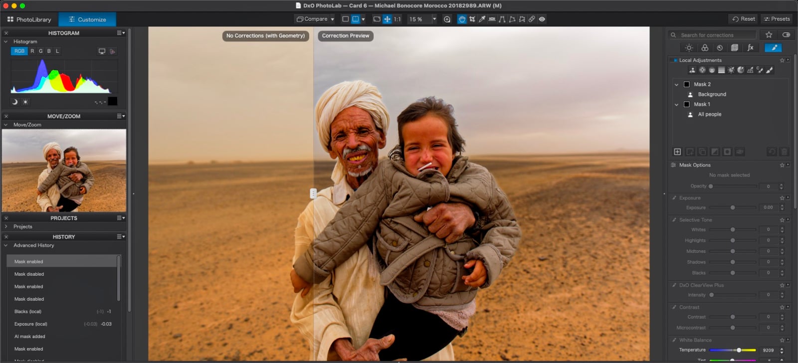 A split-screen view in photo editing software shows an older man holding a young child in a desert landscape, with the right side displaying enhanced color and contrast.