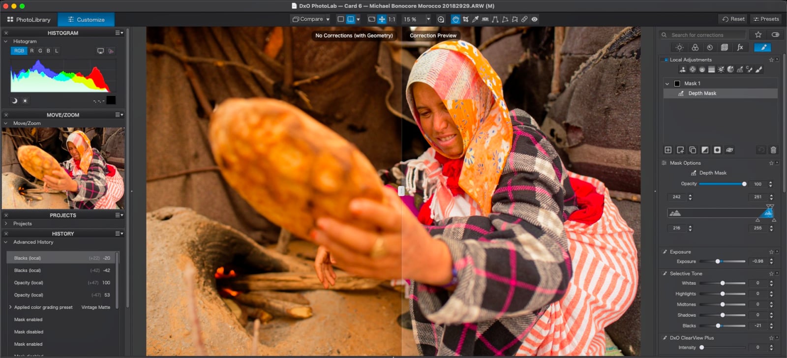 A split-screen view in DxO PhotoLab software shows a woman in a patterned headscarf holding a round flatbread near a fire, with editing panels on the sides.