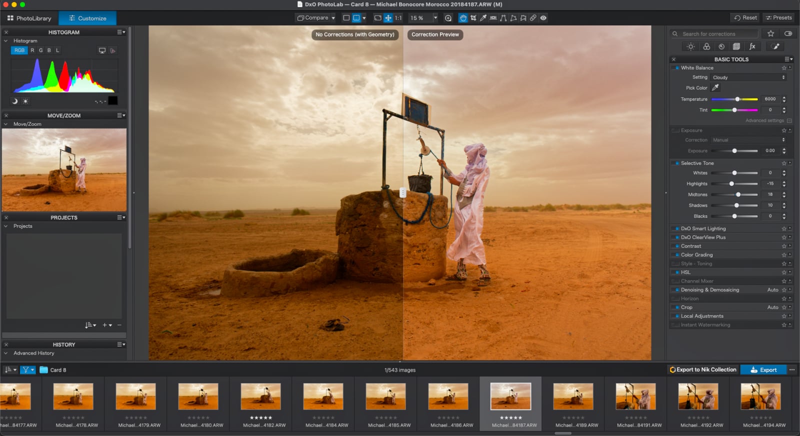 A split-screen view in DxO PhotoLab software shows a desert scene with a person in traditional clothing at a well, with the left side showing the original image and the right side showing color-corrected adjustments.