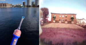 A split-screen image shows a blue electric toothbrush held over a body of water on the left, and a blurry, distorted view of a brick building on the right.