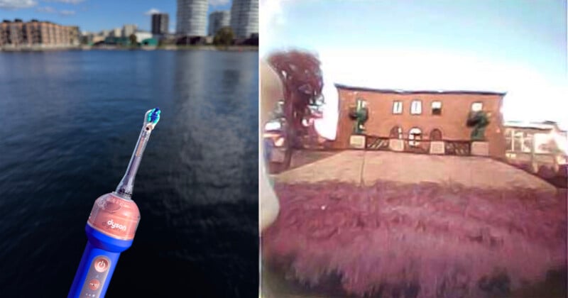 A split-screen image shows a blue electric toothbrush held over a body of water on the left, and a blurry, distorted view of a brick building on the right.