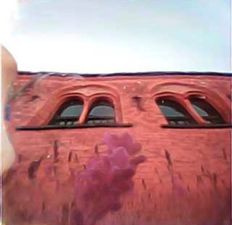 A low-angle view of a red brick building wall featuring two arched windows and a blurry purple floral element in the foreground.