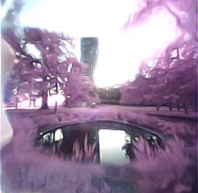 A low-angle view shows a dark, arched opening in the ground surrounded by purple-toned trees and foliage, with a tall, thin building visible in the distance.