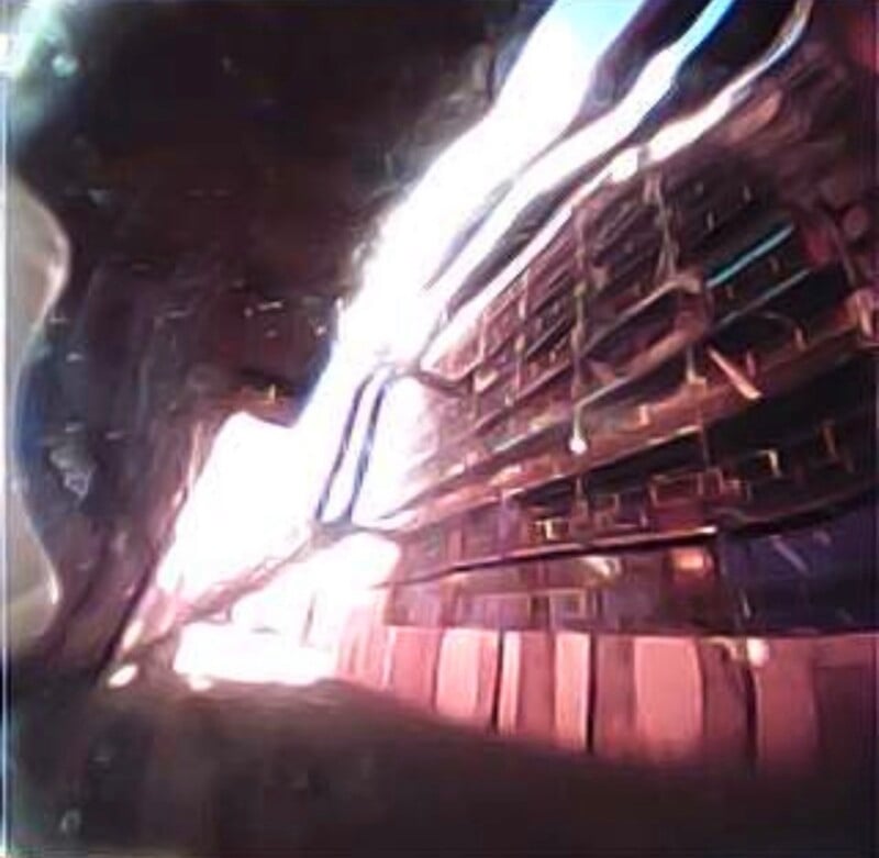A distorted, abstract view of a multi-story building facade with metallic structures and bright, overexposed light.