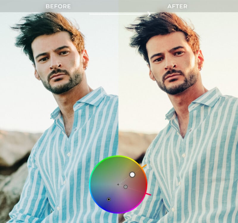 A split-screen comparison shows a man in a striped shirt before and after color grading, with a color wheel overlay at the bottom.