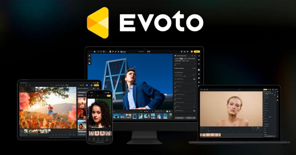 The Evoto logo is displayed above a desktop monitor, a laptop, a tablet, and a smartphone, all showing the software interface.