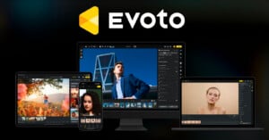 The Evoto logo is displayed above a desktop monitor, a laptop, a tablet, and a smartphone, all showing the software interface.