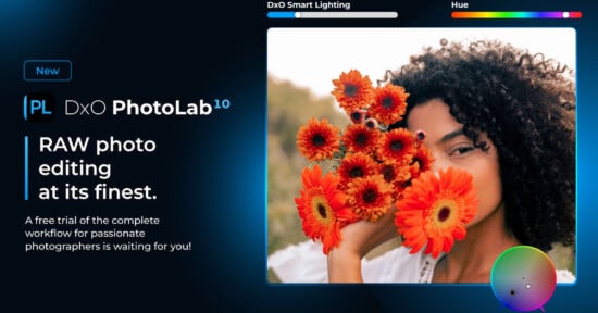 A promotional graphic for DxO PhotoLab 10 featuring a portrait of a woman holding orange flowers, with editing sliders for Smart Lighting and Hue visible above and below the image.