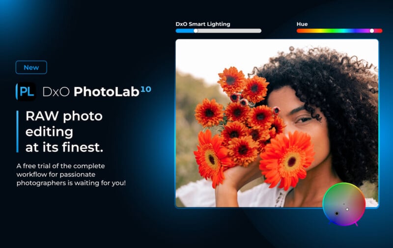 A promotional graphic for DxO PhotoLab 10 featuring a portrait of a woman holding orange flowers, with editing sliders for Smart Lighting and Hue visible above and below the image.