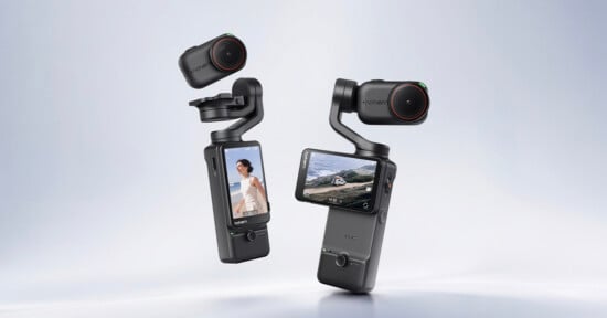 Two Hohem gimbal cameras are shown against a light gray background, one with its camera module detached and floating above the handle, and the other fully assembled with its screen oriented horizontally.