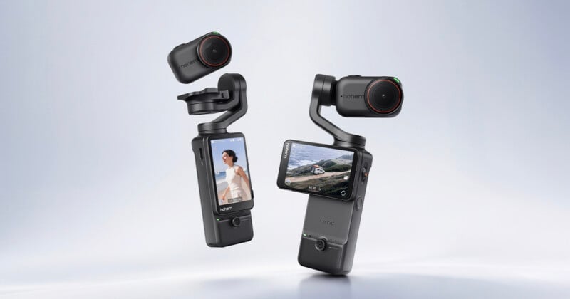Two Hohem gimbal cameras are shown against a light gray background, one with its camera module detached and floating above the handle, and the other fully assembled with its screen oriented horizontally.
