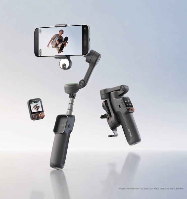  fully extended with a phone attached, folded, and a detached magnetic screen module floating nearby.