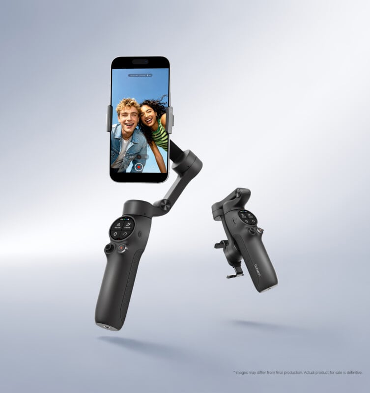  one fully extended holding a phone displaying a photo of two people, and one folded for storage.