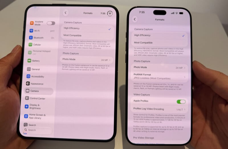 Two smartphones held side-by-side display the "Formats" settings menu for their respective camera applications.
