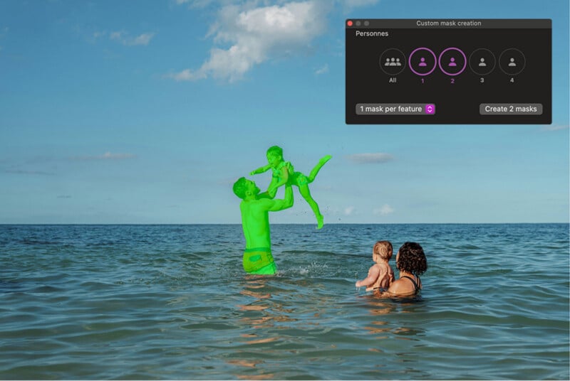 A photo editing interface displays a "Custom mask creation" window over a beach scene where a man lifting a child is highlighted in green.