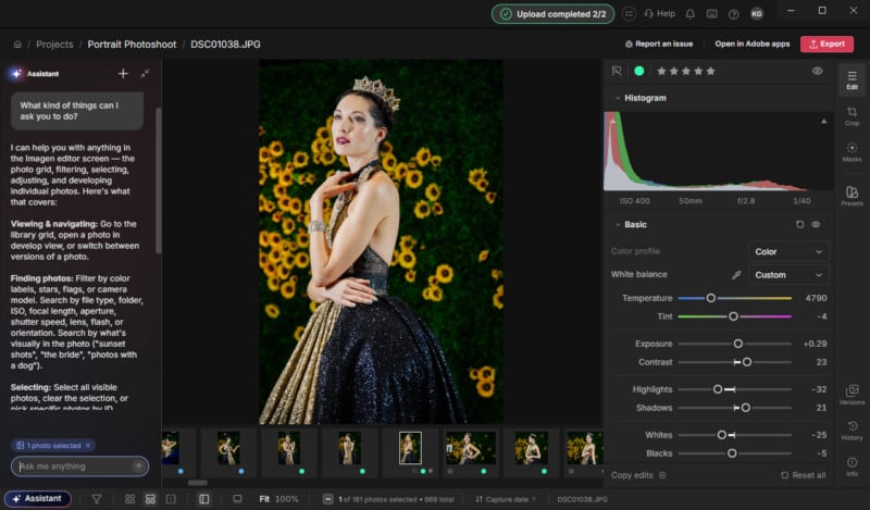 A woman wearing a crown and a black and gold gown poses in front of a wall of sunflowers in an image editing software interface.