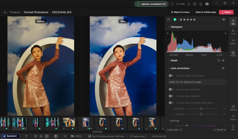 A split-screen view in Adobe Lightroom showing a before and after edit of a portrait of a woman posing in front of a large white circular prop against a blue sky background.
