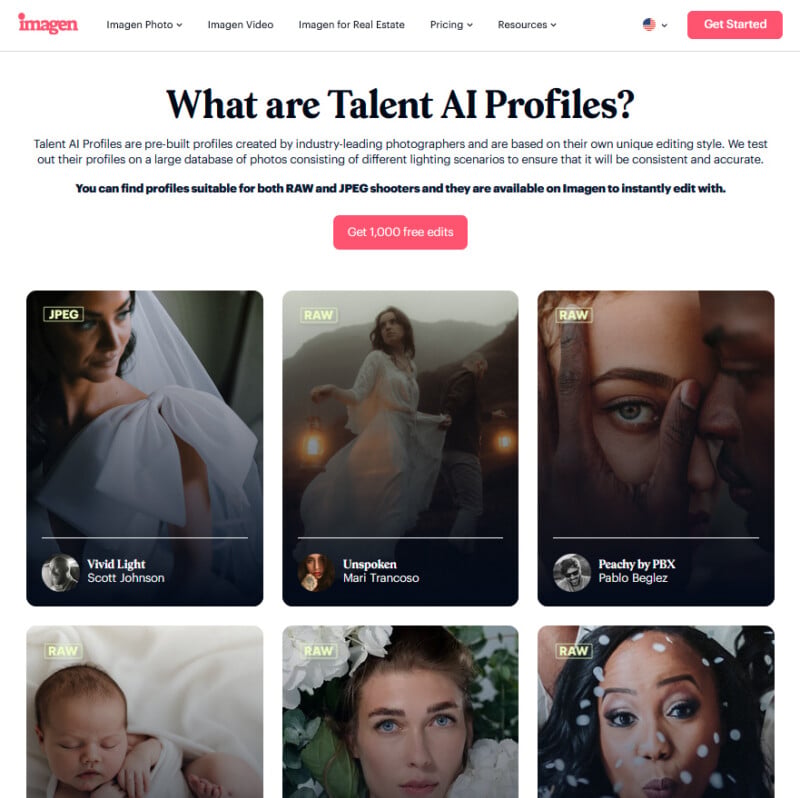 A webpage titled What are Talent AI Profiles? featuring a grid of six example photography editing profiles with labels for RAW or JPEG compatibility and the names of the photographers.