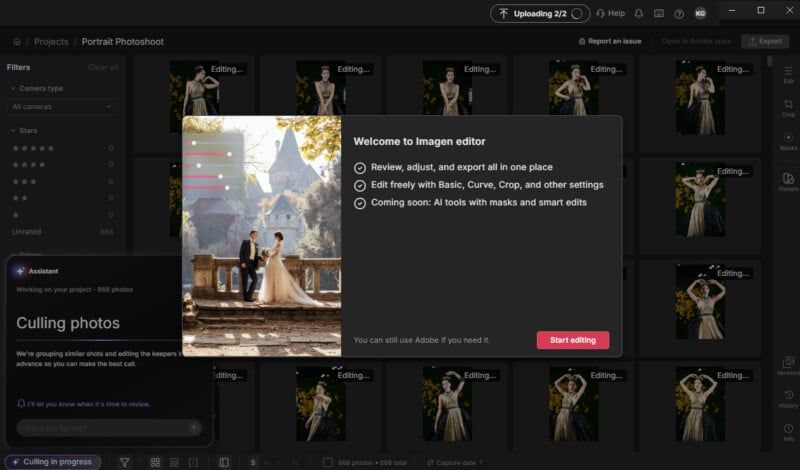 A computer screen displays the Imagen photo editing software interface, featuring a "Welcome to Imagen editor" pop-up window over a gallery of portrait photos.