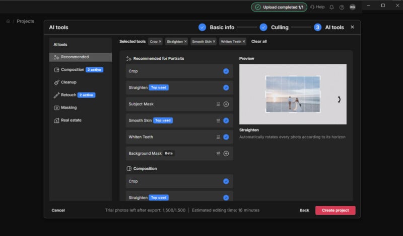 A software interface displays an AI tools menu with selected features including crop, straighten, smooth skin, and whiten teeth.