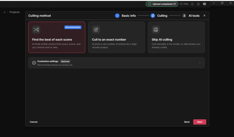 A software interface window titled Culling method, showing three options: Find the best of each scene, Cull to an exact number, and Skip AI culling.