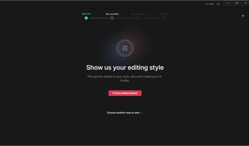 A software setup screen titled "Show us your editing style" with a button labeled "I'll pick edited photos" and a link to "Choose another way to start.