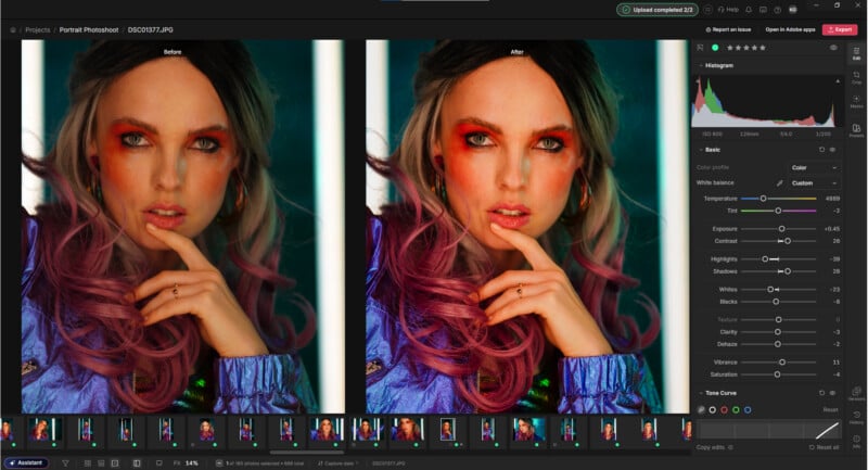 A split-screen view in Adobe Lightroom showing a before and after edit of a portrait of a woman with pink-streaked hair and vibrant makeup.