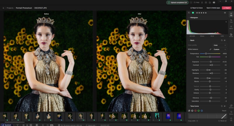A side-by-side comparison of a portrait of a woman wearing a crown and a gold dress against a sunflower background, displayed in a photo editing software interface.