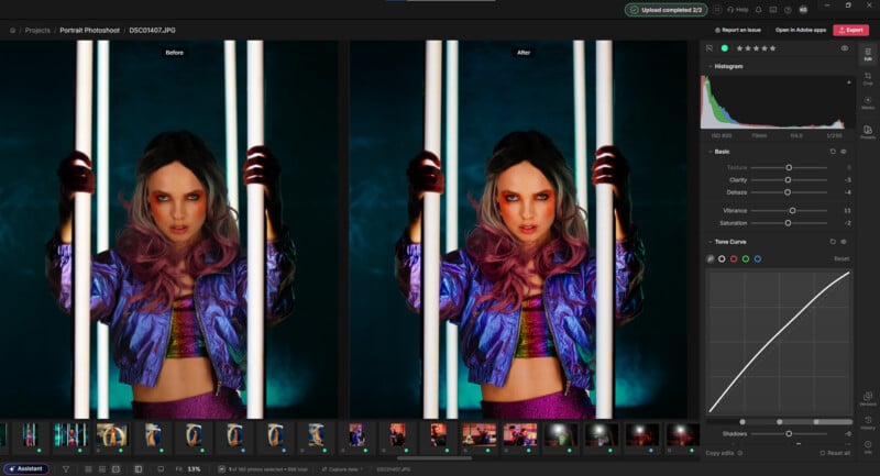 A split-screen view in Adobe Lightroom shows a before-and-after comparison of a portrait of a woman with pink-tipped hair, wearing a metallic purple jacket, standing between two vertical light tubes.