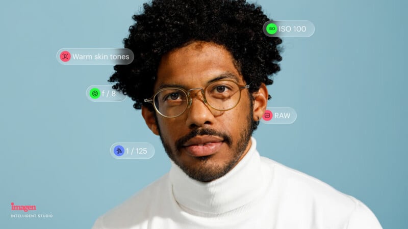 A man with curly hair and glasses wearing a white turtleneck sweater against a blue background, with overlaid text labels indicating camera settings and skin tone.