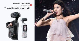 An advertisement for the Insta360 Luna Ultra zoom kit shows two handheld gimbal cameras next to a photograph of a woman singing into a microphone on stage.